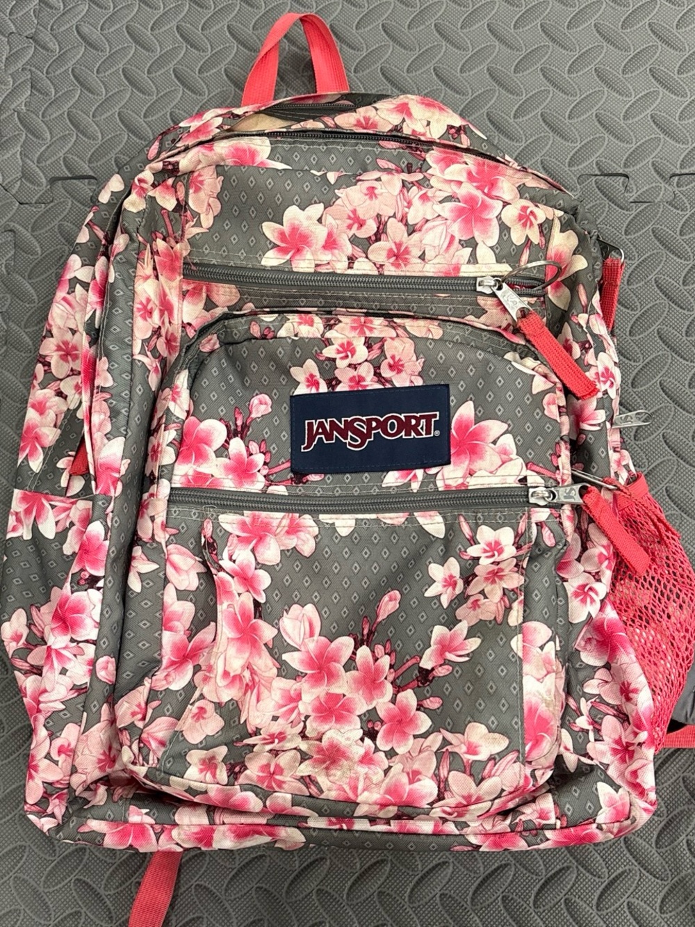 Jansport Gray Backpack with Pink Floral Print